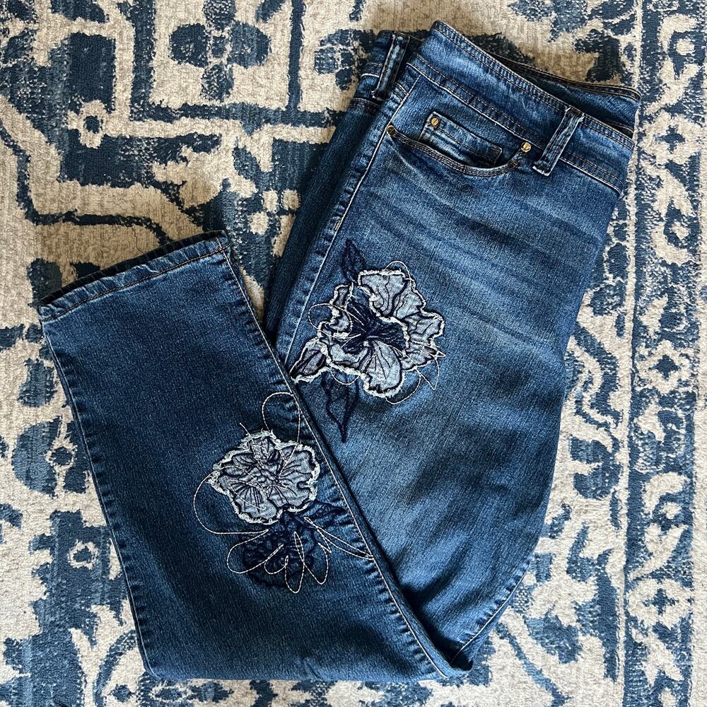 Jones New York Miranda Girlfriend Floral Embroidered Slim Straight Jeans Size 16